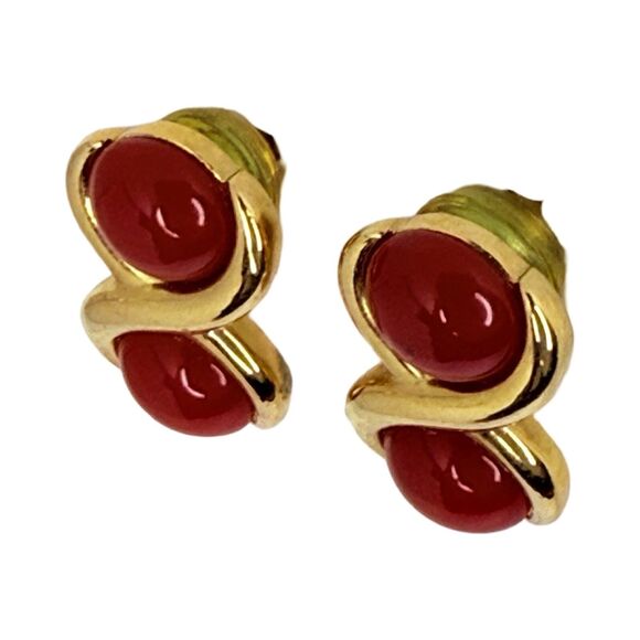 Vintage Napier Signed Cherry Red Earrings 3/4" Gold Tone Pierced Enamel - Picture 4 of 10